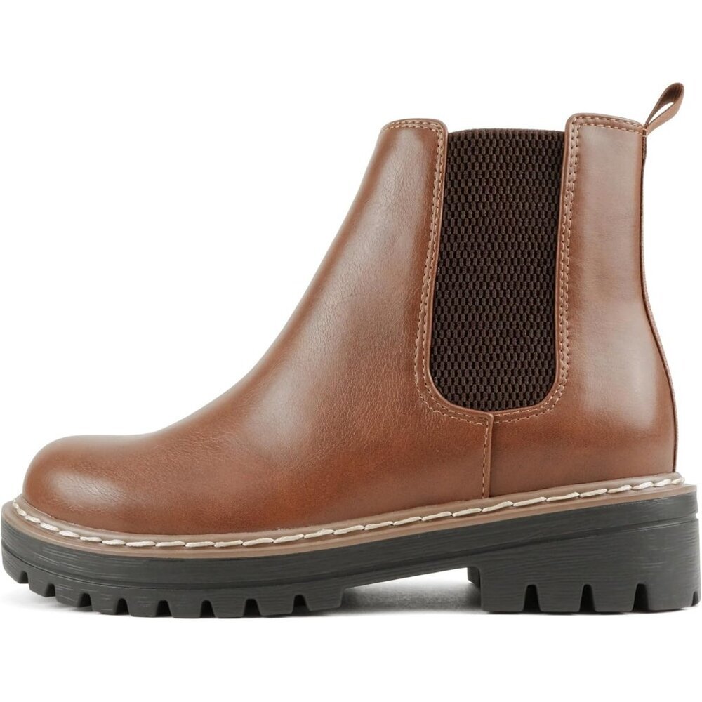Women Brn Pu Welt Lug Sole Low Chunky Heel Chelsea Double Elastic Ankle Booties